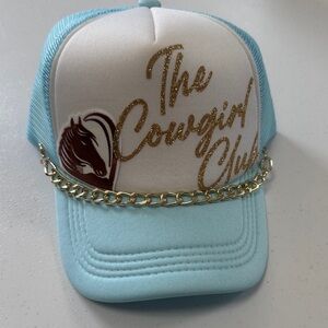 Blue and White Trucker Hat with Gold Chain